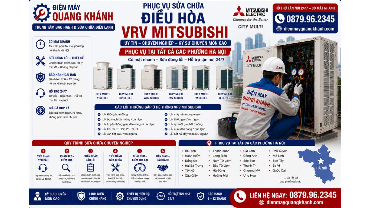 Phục vụ sửa điều hòa VRV Mitsubishi tại tất cả các phường Hà Nội https://dienmayquangkhanh.com 0879.96.2345