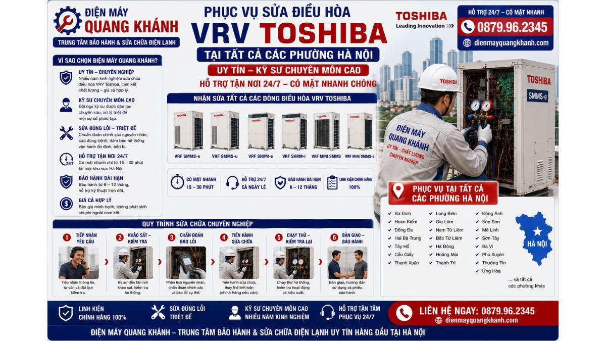 Phục vụ sửa điều hòa VRV Toshiba tại tất cả các phường Hà Nội uy tín – kỹ sư chuyên môn cao, hỗ trợ tận nơi 24/7 https://dienmayquangkhanh.com 0879.96.2345