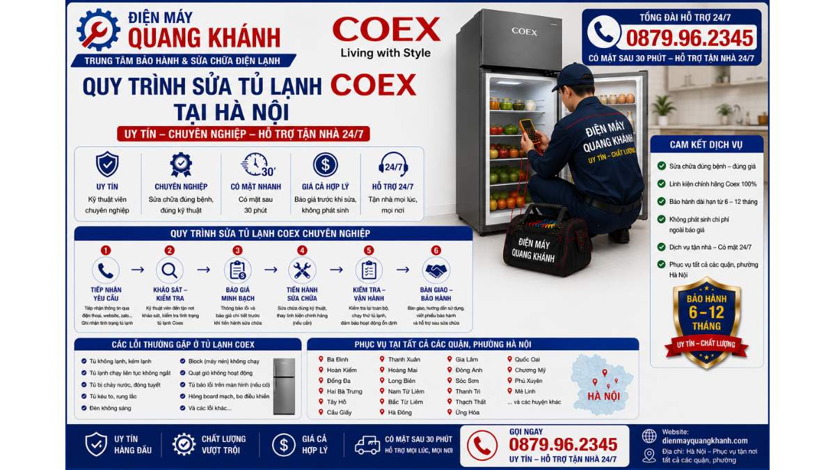 Quy trình sửa tủ lạnh coex tại hà nội https://dienmayquangkhanh.com 0879.96.2345 Uy Tín – Hỗ Trợ Tận Nhà 24/7